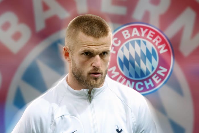 A composite image showing Eric Dier wearing a Tottenham jacket in front of a Bayern Munich logo